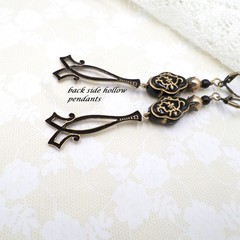 Antique Brass Dangle Earrings Black Gold Floral Acrylic Beaded Victorian Jewelry