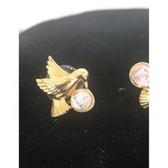 Gold Tone Bird with Rose Earrings Cute Vintage Jewelry Gift for Her