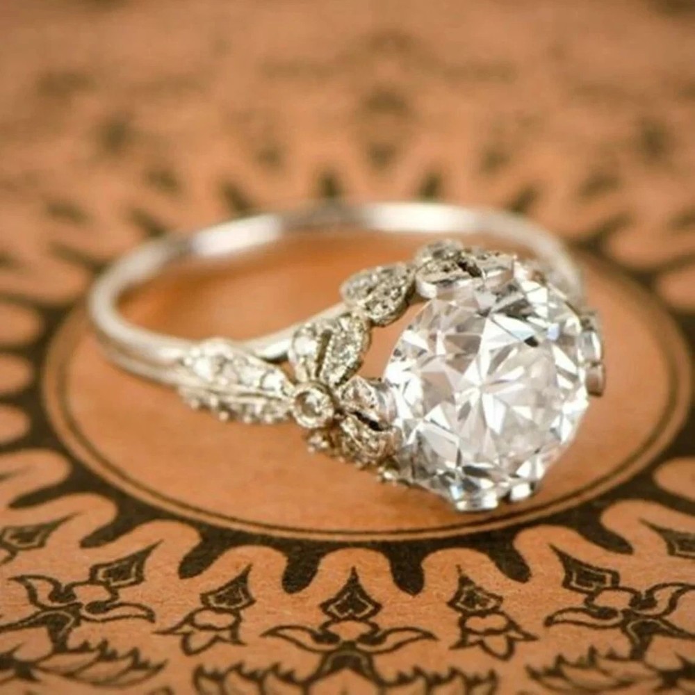Lab Created Diamond Art Deco Round Cut Engagement 14Ct White Gold Finish Ring