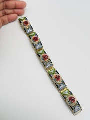 Vtg ITALIAN Mosaic Flower Red Green Yellow Gold Tone Bracelet
