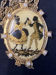 Vintage 50s Goldtone Locket Painted Courting Couple Silhouette Victorian Revival