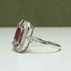 Art Deco Style Ruby & Lab Created Diamond Engagement Ring 14k White Gold Finish