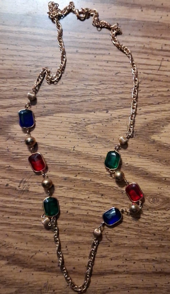 Vintage Multicolor Rectangular Glass Bezel Set Station Necklace Gold Tone 32″
