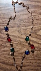 Vintage Multicolor Rectangular Glass Bezel Set Station Necklace Gold Tone 32″
