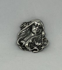 Art Nouveau Silver Plated Pewter Lady with Lotus/Waterlily Brooch Pendant