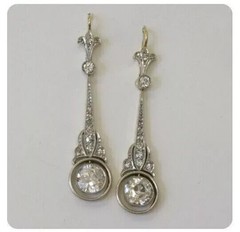 Elegant Art Deco Style Drop Dangle Round Diamond 14K White Gold Earrings