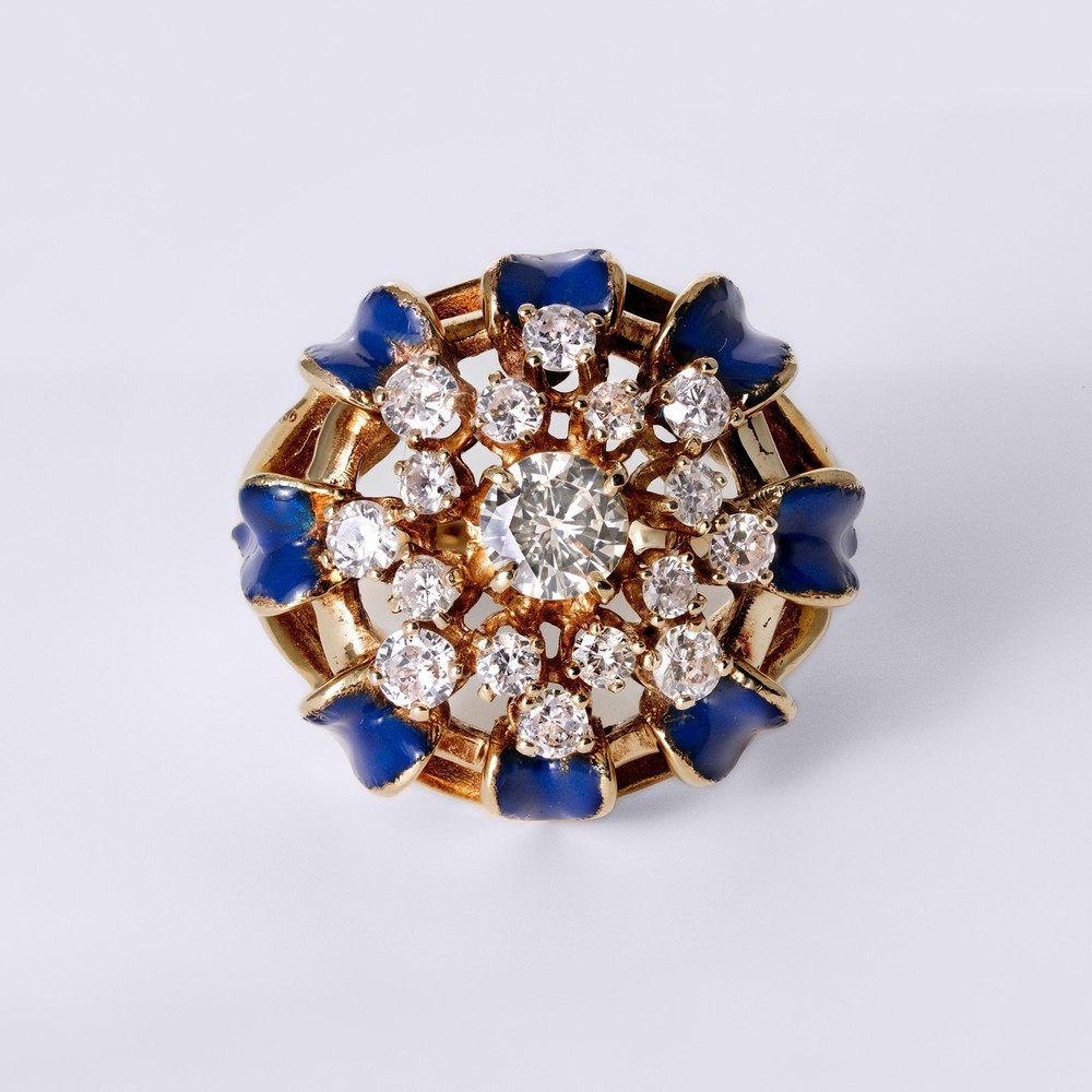 Vintage Mid-Century Royal Blue Enamel & Diamond Bombè Cocktail Ring
