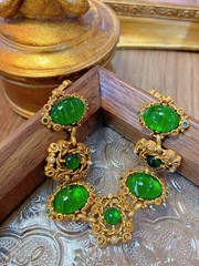 Vintage Emerald Green Statement Necklace & Bracelet Set Gold Filigree Jewelry