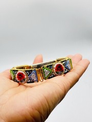 Vtg ITALIAN Mosaic Flower Red Green Yellow Gold Tone Bracelet