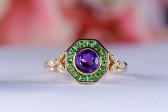 Art Deco Vintage Style Lab Created Amethyst & Emerald Wedding 14K Gold FN Ring