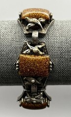 Vintage Silver Tone Bracelet Golden Faux Goldstone Glitter Resin Victorian Style