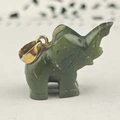 Vintage 28mm Dark Green Nephrite Jade Lucky Elephant Trunk Up Pendant Gold Fill