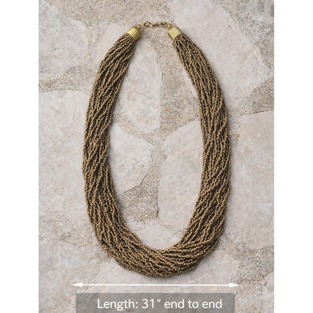 Vintage Bronze Gold Multi Strand Seed Bead Necklace Boho Statement Unsigned