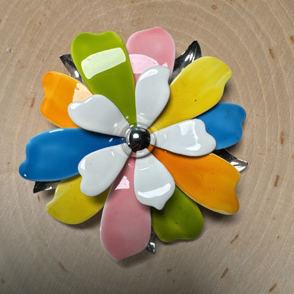 Vintage Sarah Coventry Silver Tone Enamel Flower Brooch Multi Color #6