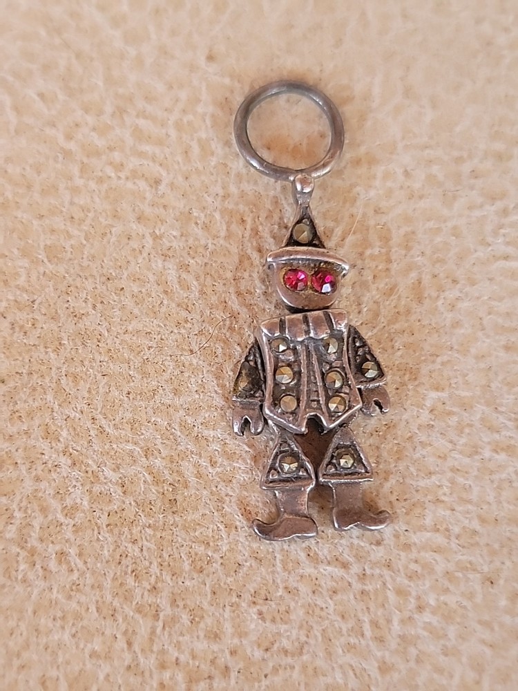 Vintage 925 Sterling Silver Articulating Clown w/Stones Charm Pendant Excellent