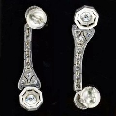 14K White Gold FN Art Deco Style Lab Created Diamond & Sapphire Drop Earrings