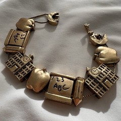 Vintage Gold Tone School Teacher Slide Charm Costume Estate Chunky Bracelet