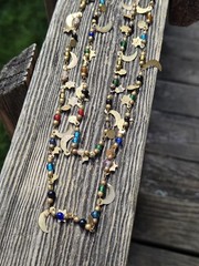 Vintage 70s Starlight Necklace Glass Beaded Celestial Stars Moon Long Brass
