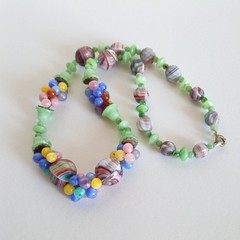 Vtg Antq Czech Glass Marbled Slag Melon Ball Tutti Frutti Bead Cluster Necklace