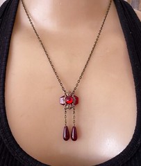 Vintage Necklace Delicate Art Nouveau Brass Pendant Antique Red Czech Glass