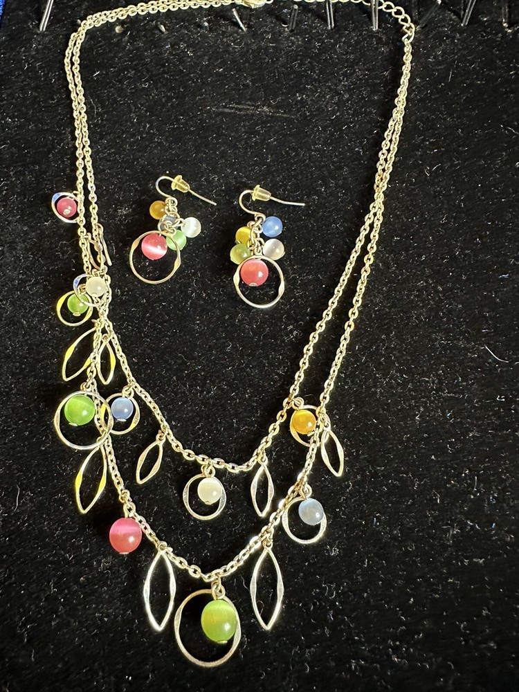 Silver tone Multi Strand color Beads w matching Pierced earring Set PreO Good