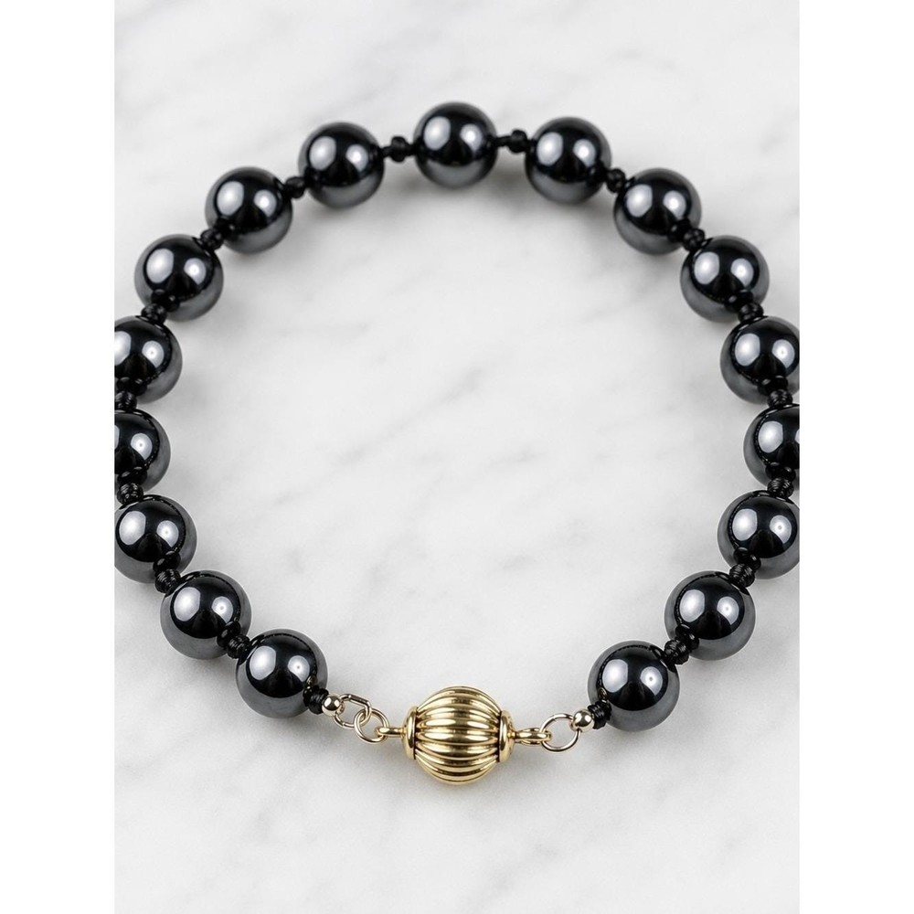 Vintage Black Hematite Bracelet Hand Knotted Beads Gold Tone Barrel Clasp