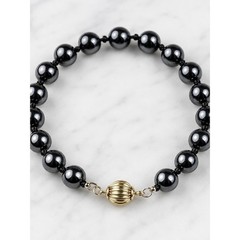 Vintage Black Hematite Bracelet Hand Knotted Beads Gold Tone Barrel Clasp
