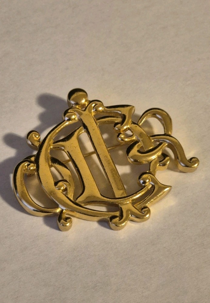 CHRISTIAN DIOR Insignia Brooch. Authentic, GP Monogram, Signed French Designer