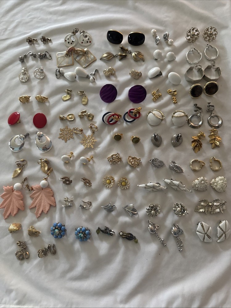 Lot of 50 Pair Vintage Costume Clip On Earrings Various Sizes & Shapes