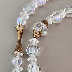 Vintage AB Glass Beaded Tassel Necklace Earrings Set Gold Tone Bar Links 26″