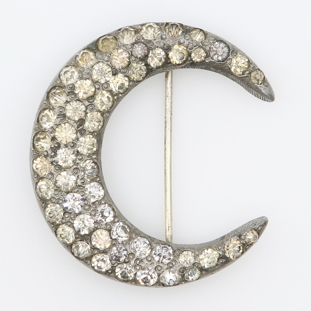 Antique Art Deco Celestial Crescent Moon Rhinestone Pot Metal Brooch 1920s