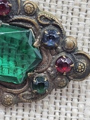 Antique Bohemian Edwardian Art Nouveau Brooch Green Glass Bronze Prong Set Pin
