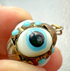 Vtg Victorian? Triple Evil Eye Blown Glass Gilted Brass Pendant Good Luck Amulet