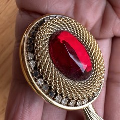 VTG Whiting Davis Feather Brooch Pin 5 Inch Red Glass Rhinestone Gold Plate Rare