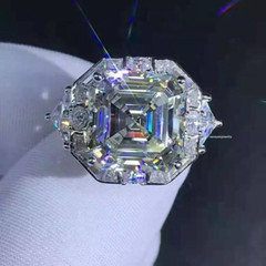 3Ct Asscher Cut Real Moissanite Halo Women Engagement Ring 14K White Gold Plated