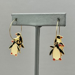 Berebi Earrings Women Gold Enamel Penguin Animal Charm Dangle Hoop 1.75 Inch