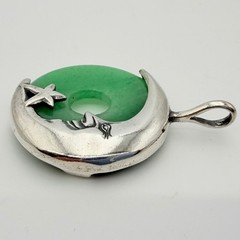 Vintage Crescent Man in the Moon Sterling Silver And Jade Jadiete Pendant NOS