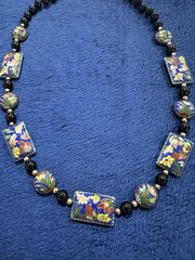 Vtg Chinese Floral Cloisonné Black Onyx Gilt Silver Clasp Necklace, 25in Long