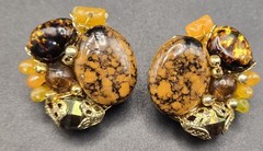 Vintage HONG KONG Clip On Earrings Amber Glass Stone Cluster Gold Tone