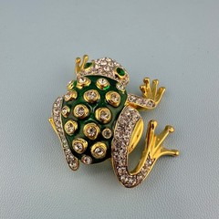 Vintage Rhinestone Green Enamel Frog Brooch Shiny Gold Tone Leap Jump Figural