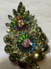 Vintage Juliana DeLizza Elster Green Rhinestone Floral Brooch Watermelon Rivoli