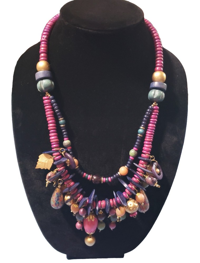 VTG Colored Wooden Beads Necklace Asymmetrical Statement 1990s Pink Blue Boho