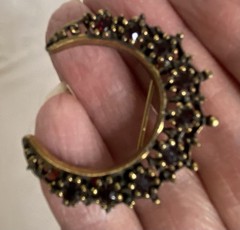 Crescent Moon Brooch Gold Tone With Red Garnets Vintage Pin