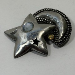 Vintage J.J Jonette Pewter Star Crescent Moon Pin Crystals Pierced Celestial 2″
