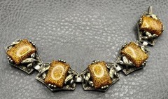 Vintage Silver Tone Bracelet Golden Faux Goldstone Glitter Resin Victorian Style