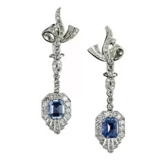 Art Deco 5.50CT Real Blue Topaz Earring Vintage 925 Silver Drop Dangle Halo
