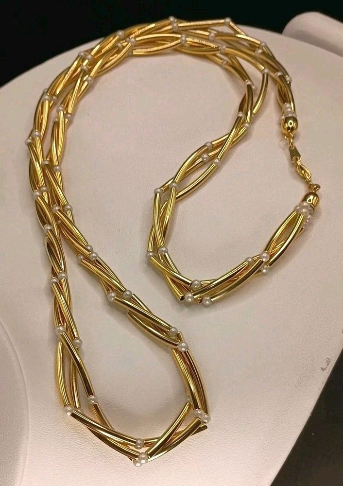 Vintage Gold Tone Bar Link Necklace Multi Strand Twist Seed Pearl 29″