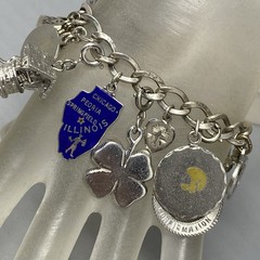 VTG 20 Charm Bracelet Sterling Silver Birthday Natie Cowbell School Hearts 6.5″