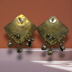 Vintage 1980’s Brass Etched Jhumka Dangle Bell Earrings Tribal Festival Indian