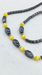 Vintage Hematite 3 Pc SET Bracelet Earrings NecklaceYellow Cats Eye Beads